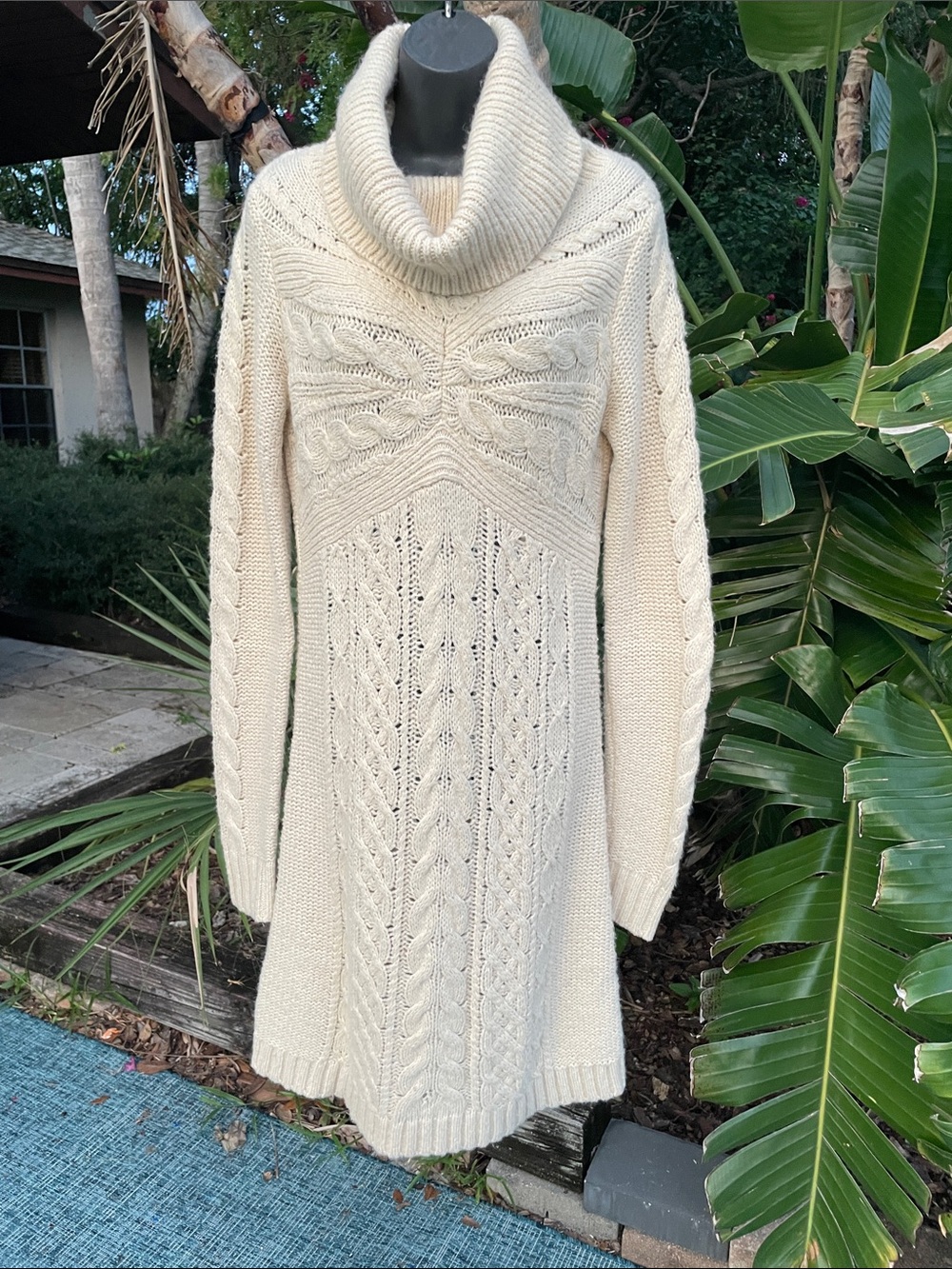 Cowl Neck Cream Cable Knit sweater Dress